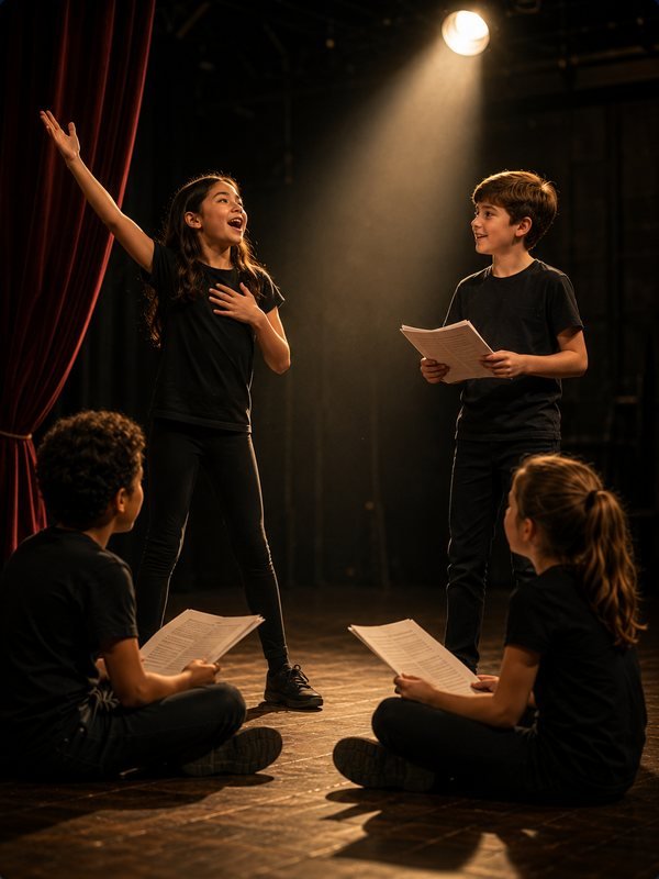 Young actors rehearsing a scene on stage at Bravo Theater
